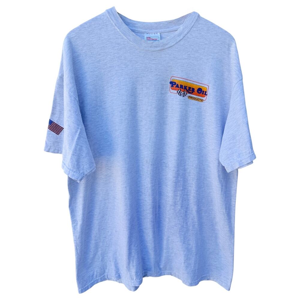 Parker Oil Graphic T Shirt Mens XL Gray Racing USA Flag Vintage Style